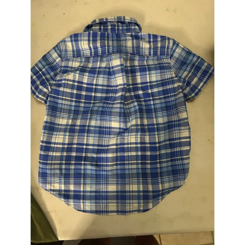 Ralph Lauren Boys 3T Performance Plaid Short Sleeve Button Down Shirt Blue White
